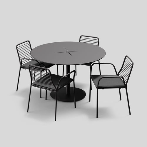 A studio photo of XY Dining Set Charcoal / Arm