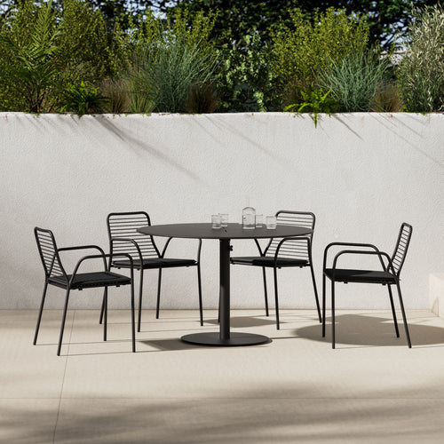 A studio photo of XY Dining Set Charcoal / Arm