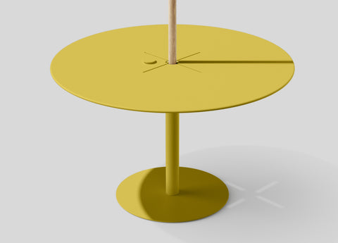Yellow outdoor dining table with umbrella pole